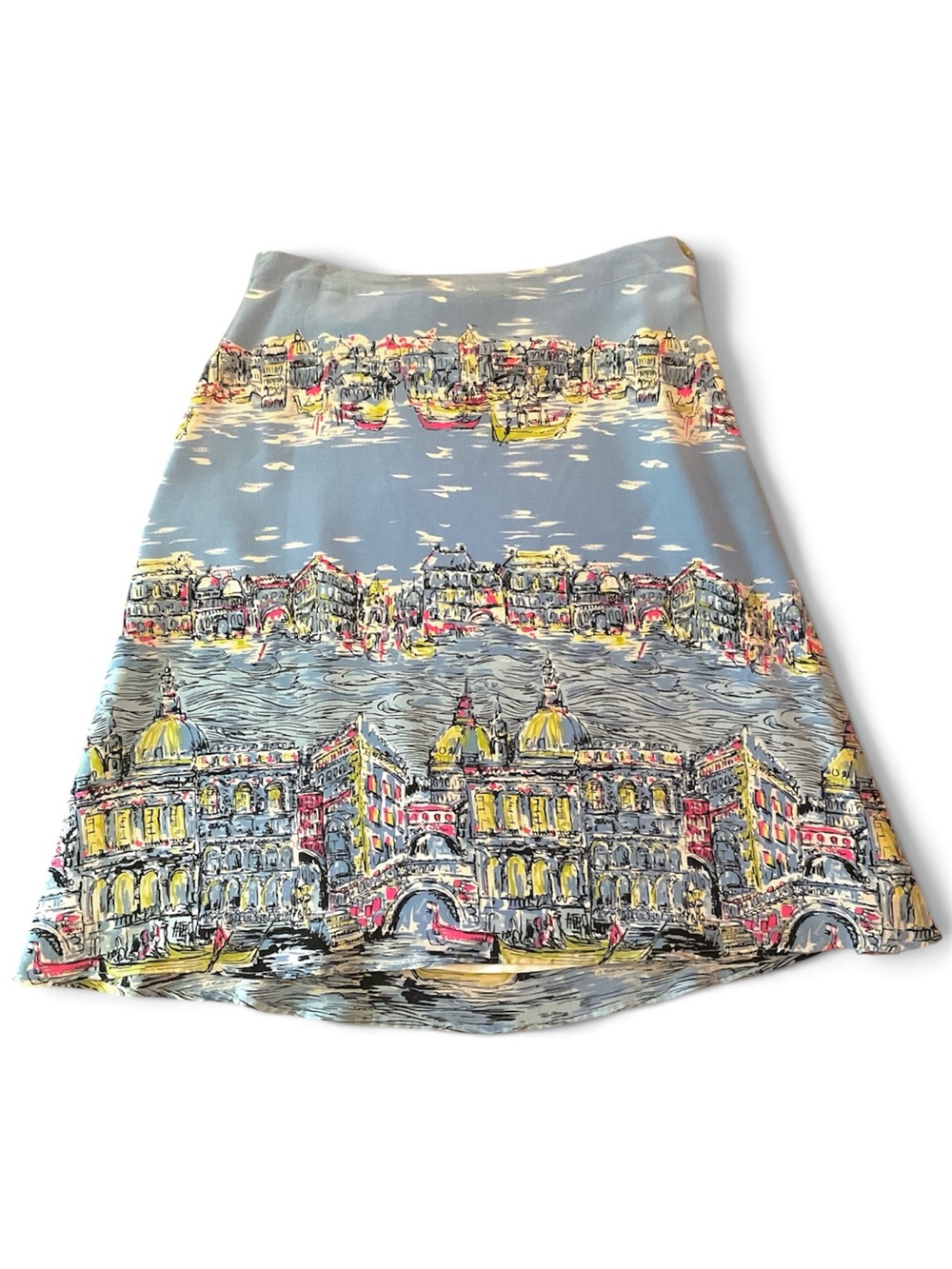Silkland women’s midi A line Skirt Blue Silk Sz 10 scenic Venice cityscape artsy